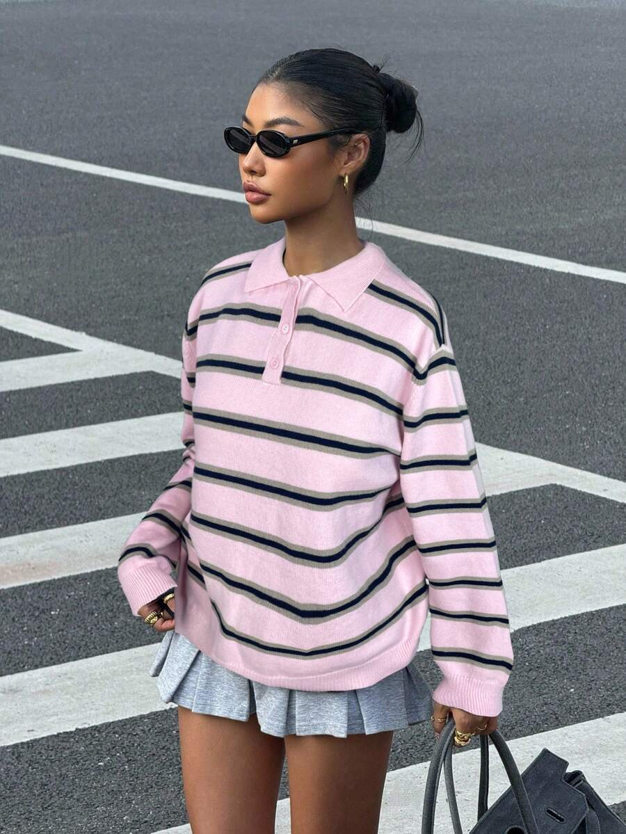 Muchica Women's Striped Drop Shoulder Long Sleeve Polo Neck Casual Sweater, Autumn/Winter,Fall,Fa... | SHEIN