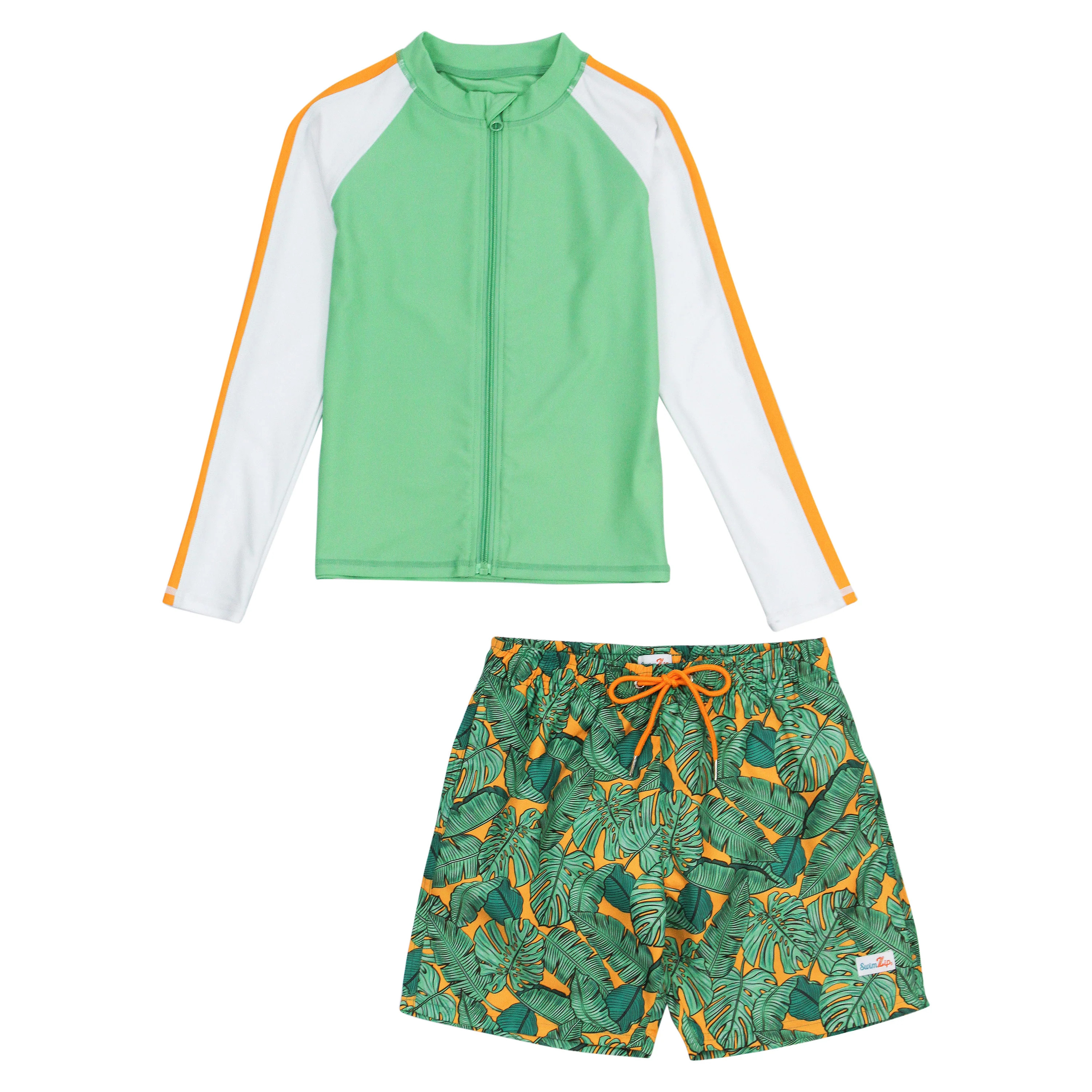 Boy's Long Sleeve Rash Guard and Swim Trunk Set | "The Tropics" | SwimZip