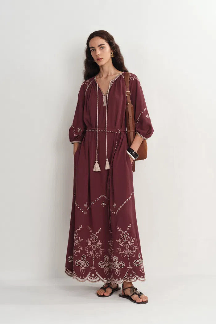 Antonia European Inspired Openwork Embroidery Maxi Dress in Linen Visc | Fabrique