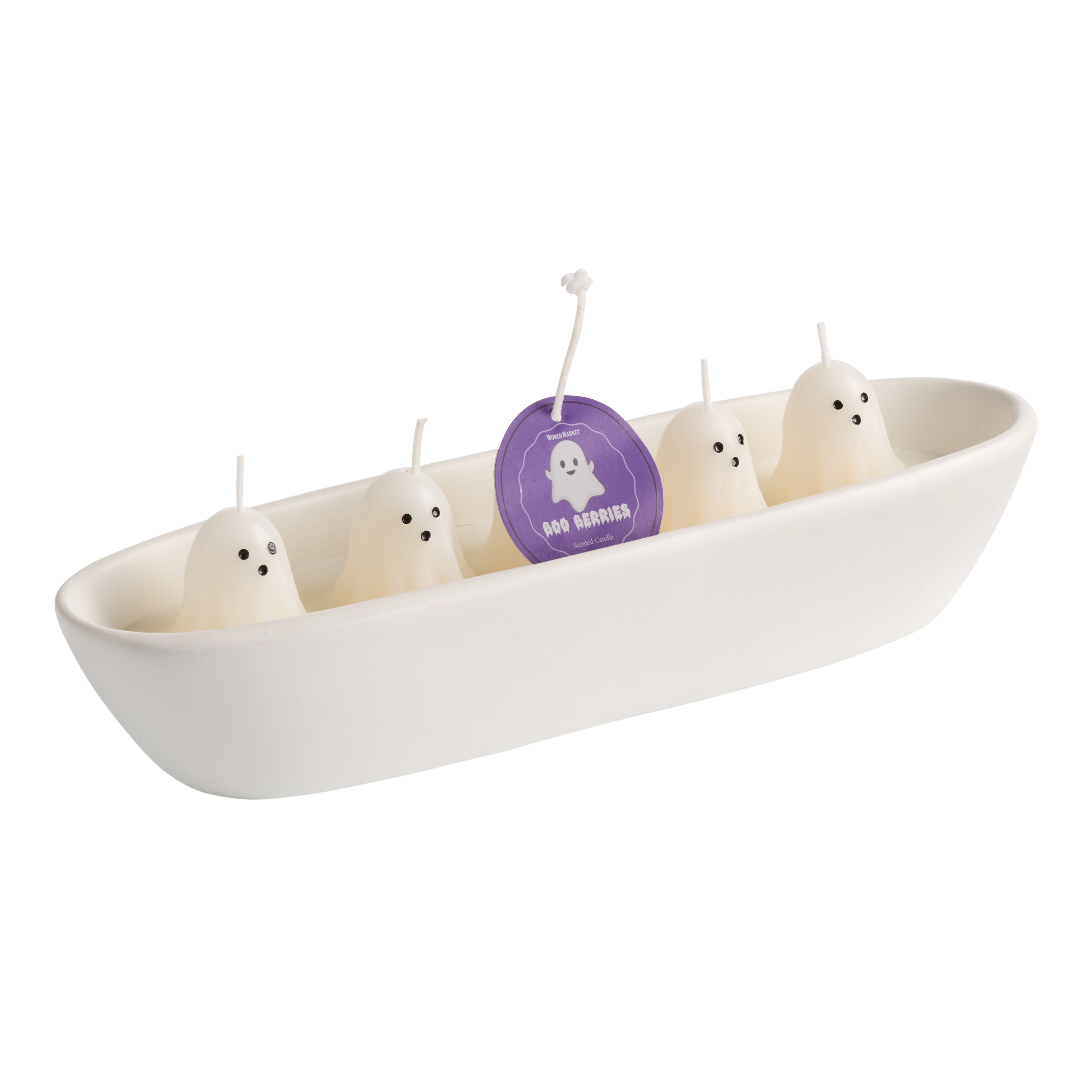 Long Ivory Ceramic Ghost Boo Berries 5 Wick Scented Candle | World Market
