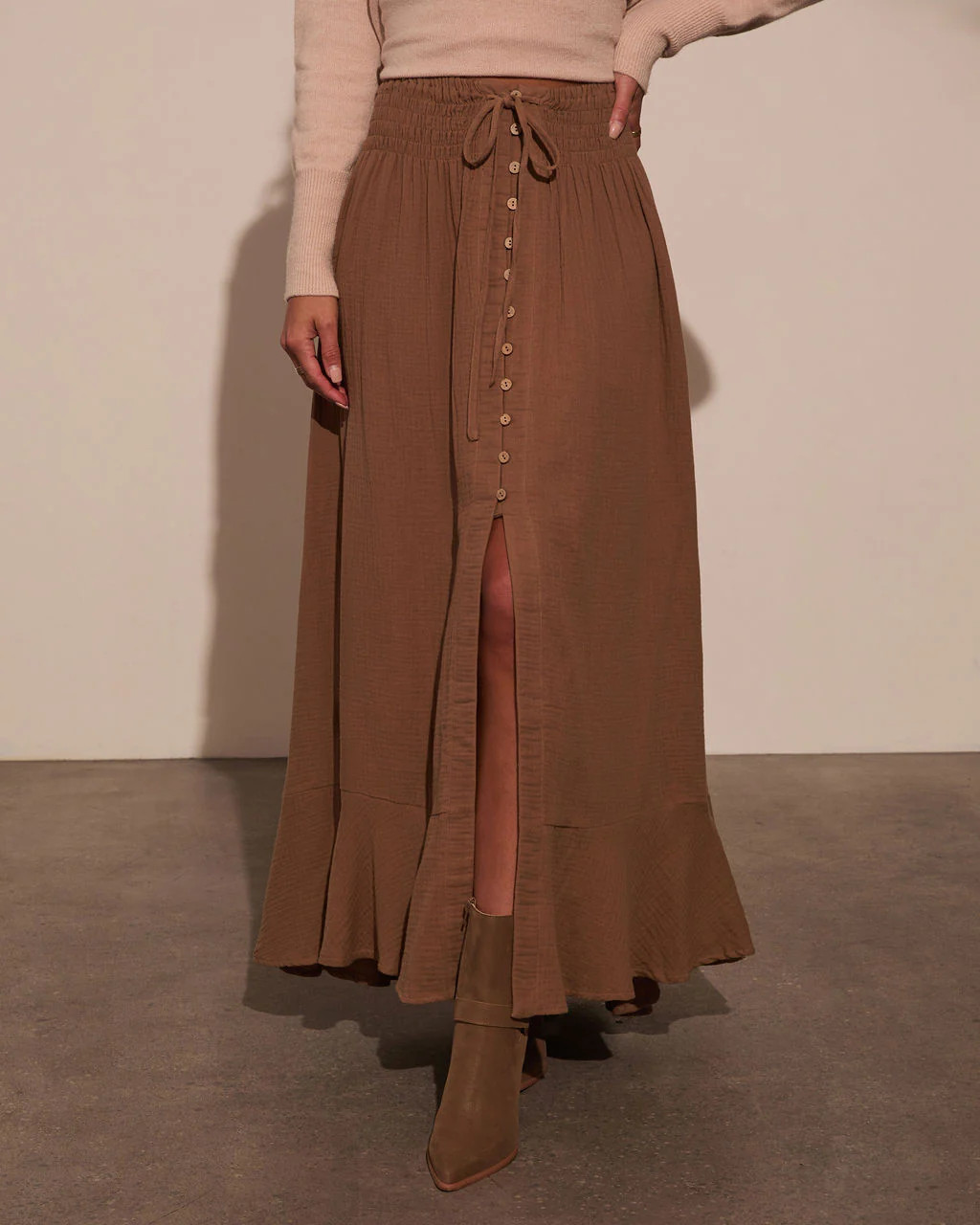 Serves Up Tie Waist Button Down Maxi Skirt | VICI