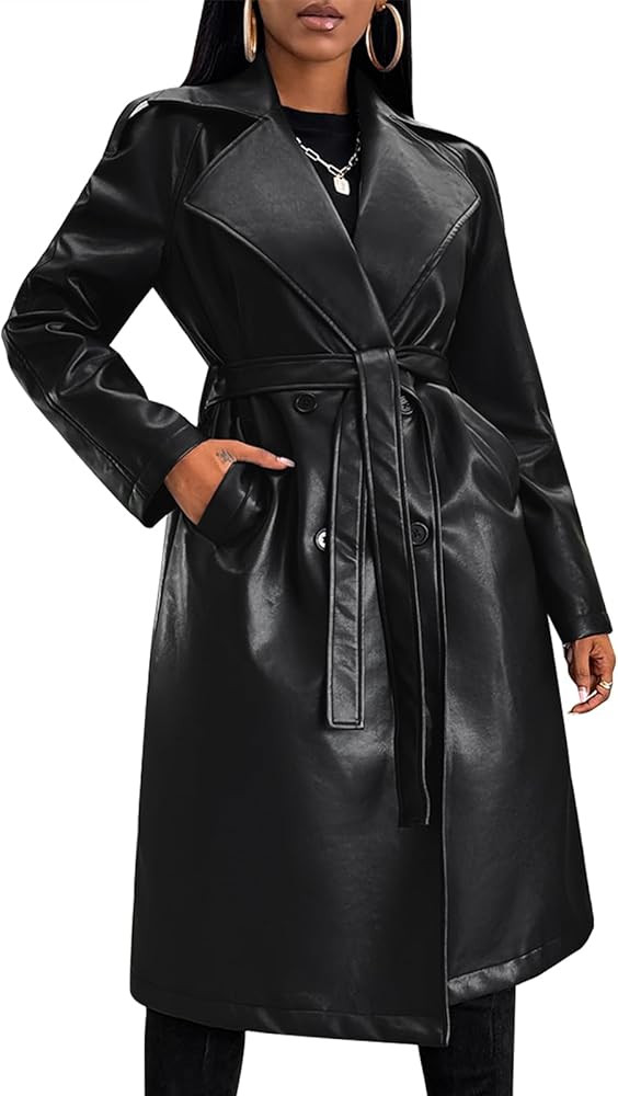 Leather Jacket Women Trench Coat Long Loose Button Lined Jacket Open Front Faux Motorcycle Coat w... | Amazon (US)