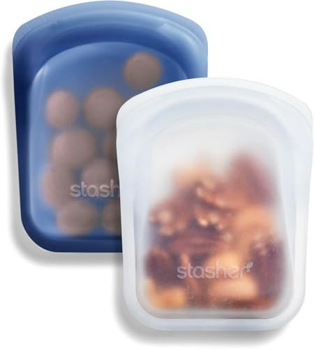 Stasher Silicone Reusable Storage Bag, Pocket Bags 2-Pack, Microwave, Dishwasher, Oven Safe, Sous Vide, Eco Friendly, Leak-free, Food-safe Silicone Snack Bags for Travel, 4 oz, Clear & Deep Ocean | Amazon (US)