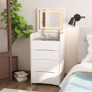 White Wood 3-Drawer Chest of Drawers with With Flip-top Mirror, Glass Top, LED Lights, Stool (18.... | The Home Depot