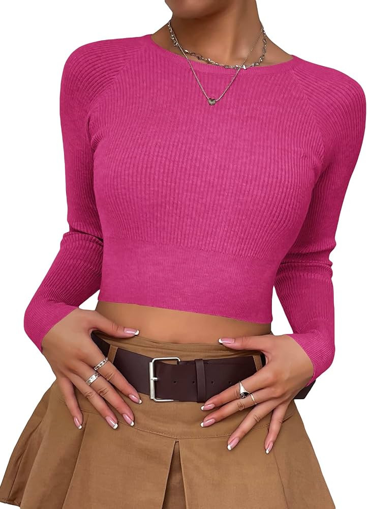 SOLY HUX Women's Fitted Ribbed Crewneck Long Sleeve Crop Tops Tee Shirts | Amazon (US)