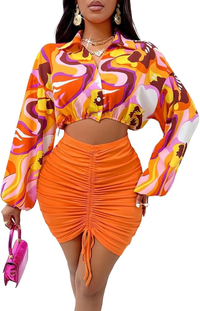 Women's Two Piece Skirt Sets Long Sleeve Crop Tops Stretchy Drawstring High Sexy Mini Skirts Sets... | Amazon (US)