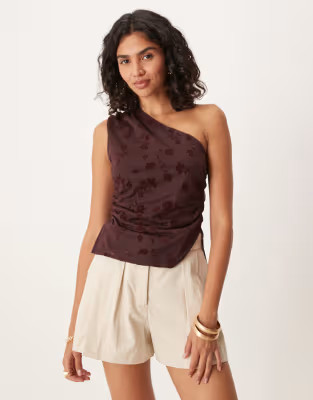 ASOS DESIGN asymmetric draped flocked burn out floral sheer top in brown | ASOS (Global)