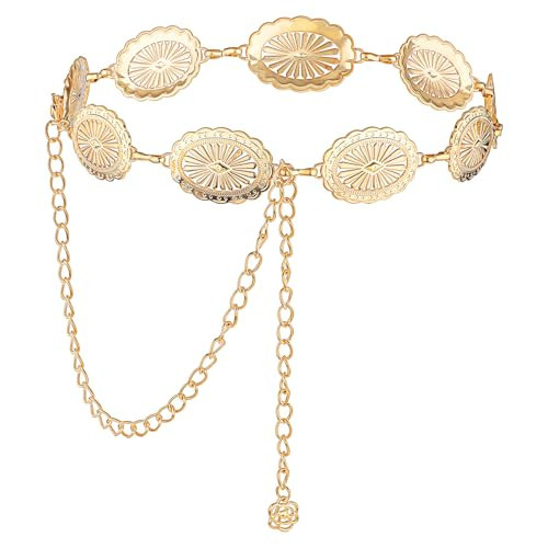 JIEYAO Western Concho Chain Belt, Adjustable Metal Waist Chain, Cowgirl Boho Belts for Women Country Concert Outfit for Dress(Gold) | Amazon (US)