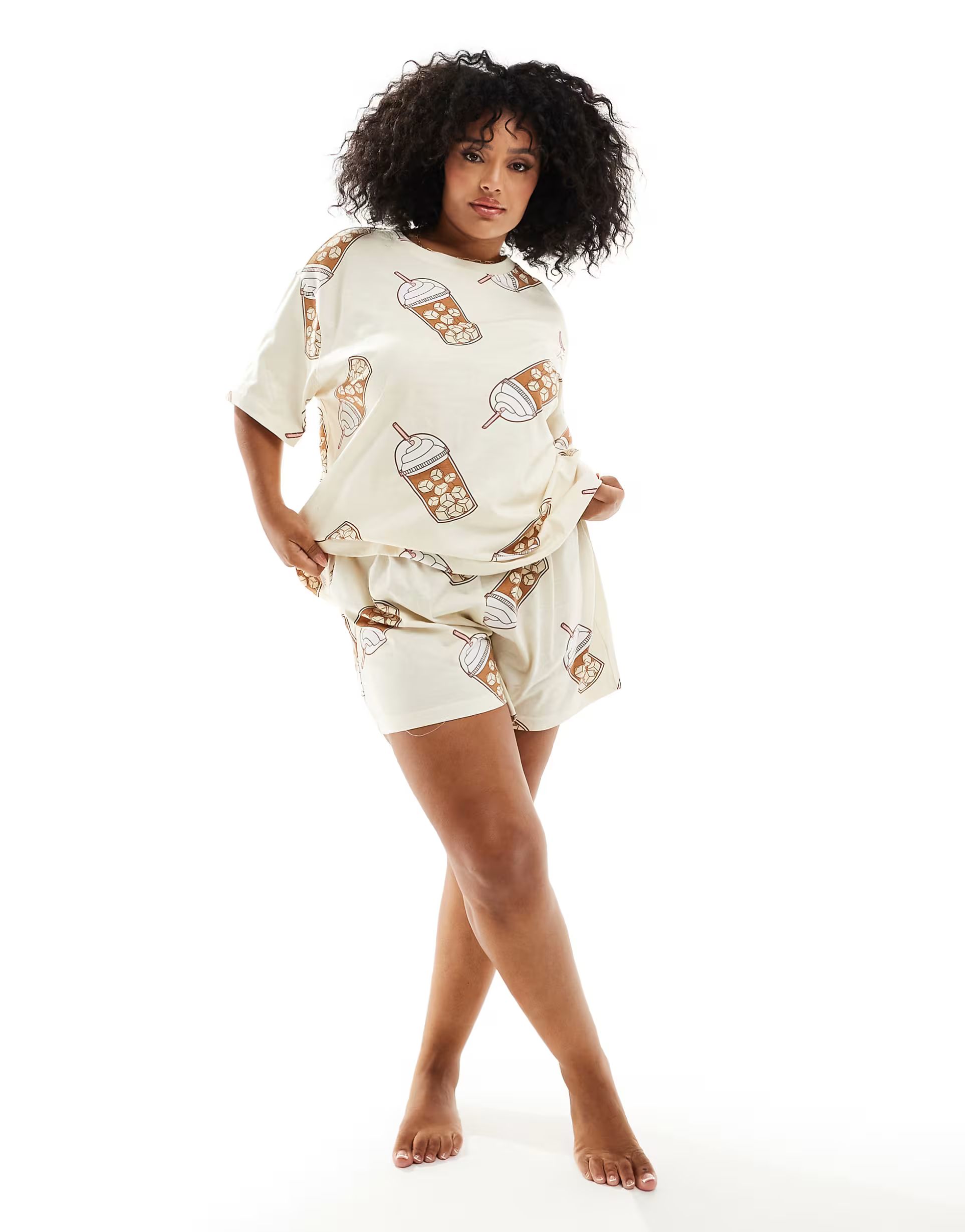 ASOS DESIGN Curve iced coffee oversized tee & short pajama set in beige | ASOS (Global)