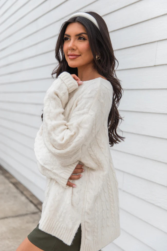 When You Call Ivory Oversized Cable Knit V-neck Sweater | Pink Lily