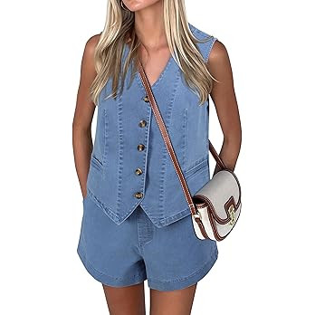 Women Denim 2 Piece Sets Denim Outfit Matching Sets Jeans Shorts Sets Sleeveless Vest Two Piece W... | Amazon (US)