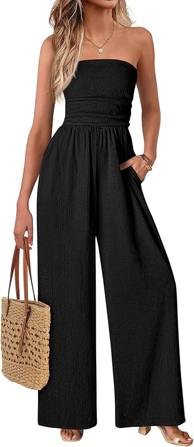 MASCOMODA One Piece Jumpsuits for Women Strapless Smocked Casual Rompers Long Pants with Pockets ... | Amazon (US)