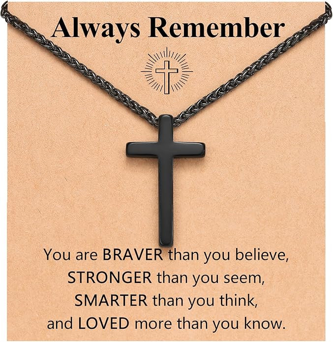 Black Cross Necklace for Men Boys, 18 Inch Joshua 1:9 Stainless Steel Chain Necklace | Amazon (US)