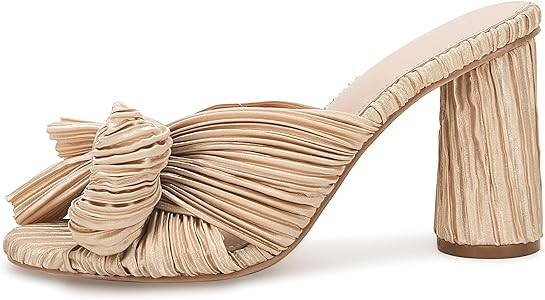 VETASTE Women's Pleated Bow Knot Heeled Sandals Comfortable Slip On Open Toe Block Chunky Heel Sl... | Amazon (US)