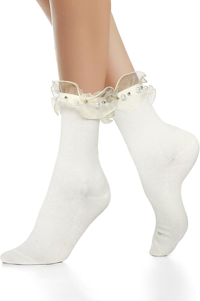 Benefeet Sox Lace Ruffle Socks Bow Socks for Women Girls Cute Fancy Pearl Socks Frilly Turn-Cuff ... | Amazon (US)