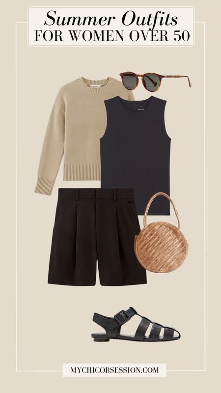 Try a monochromatic base for the foundation of this look. Pair a black tank top with dress shorts for a chic summer outfit. Tie a sweater over your shoulders to accessorize, and add interest. Finish the look with sunglasses, a straw bag, and fisherman sandals.

#LTKSeasonal #LTKstyletip #LTKover40