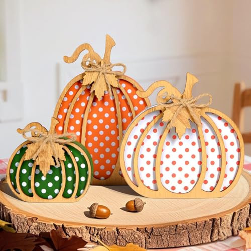 OLANRUN Fall Decorations for Home, 3-Piece Wooden Pumpkin Fall Decor, Rustic Farmhouse Indoor Autumn Thanksgiving Decorations for Table Centerpiece, Tiered Tray, Mantel, Shelf, Office (4-8 Inch) | Amazon (US)