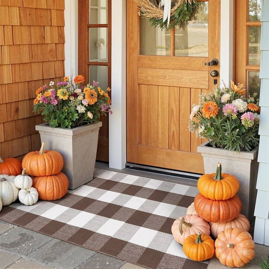 KIMODE Fall Decor Front Door Mat Buffalo Plaid Outdoor Rug 24"x51" Brown and White Checkered Rug ... | Amazon (US)