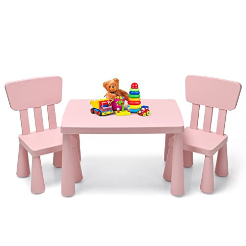 HONEY JOY Kids Table and Chair Set, Plastic Children Activity Table and 2 Chairs for Art Craft, Easy-Clean Tabletop, 3-Piece Toddler Furniture Set for Daycare Playroom, Gift for Boys Girls(Pink) | Amazon (US)