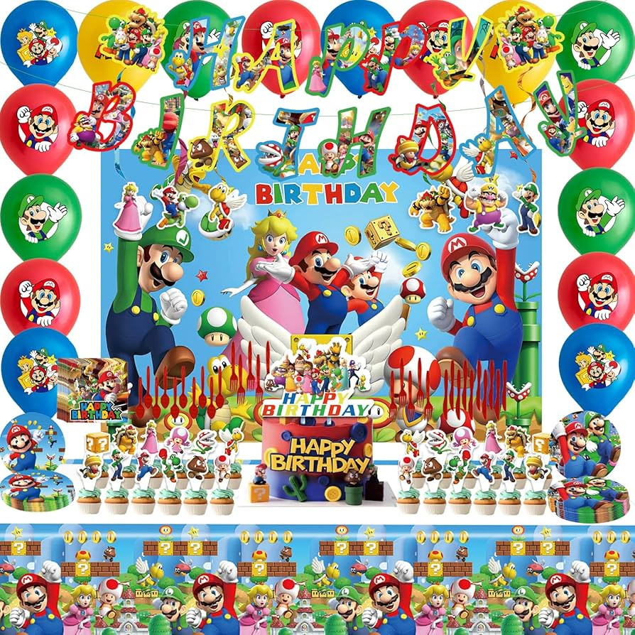 Mario Birthday Party Supplies Birthday Decorations Party Decorations Include Backdrop, Tablecloth... | Amazon (US)