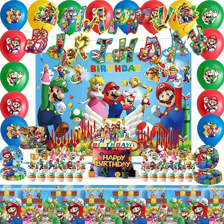 Mario Birthday Party Supplies Birthday Decorations Party Decorations Include Backdrop, Tablecloth... | Amazon (US)