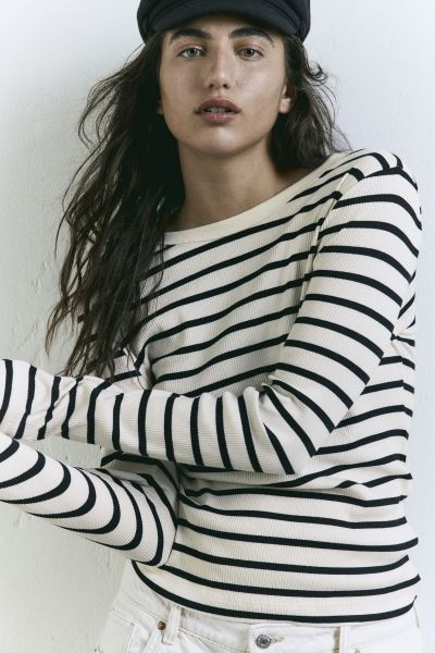 Ribbed Jersey Top - White/blue striped - Ladies | H&M US | H&M (US + CA)