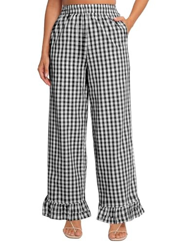 Flygo Women's Gingham Pants Y2K Cotton Wide Leg Ruffle Hem Lounge Pants Plaid Elastic Wasited Trouser with Pockets(Black-M) | Amazon (US)