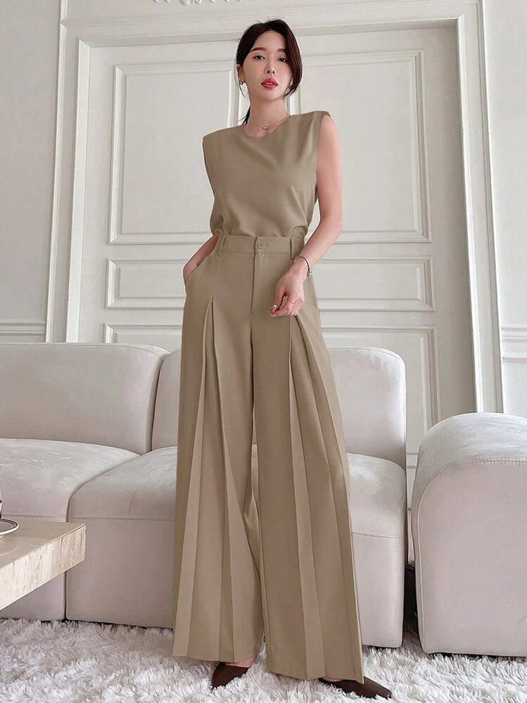 DAZY 2pcs Sleeveless Split Top And Wide Leg Pants Set, Summer Work Women Clothes Lounge Sets For Women | SHEIN