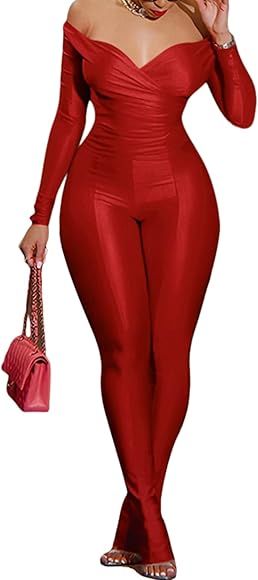 acelyn 2 Piece Outfits for Women Sexy Off Shoulder Tops Bodycon Flared Pant Sets Club Outfits Tra... | Amazon (US)