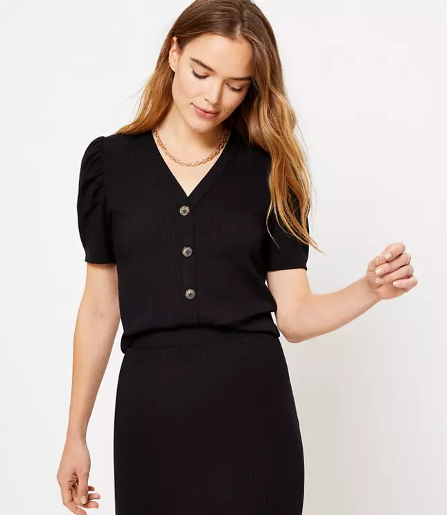 Ribbed Puff Sleeve Cardigan Top | LOFT
