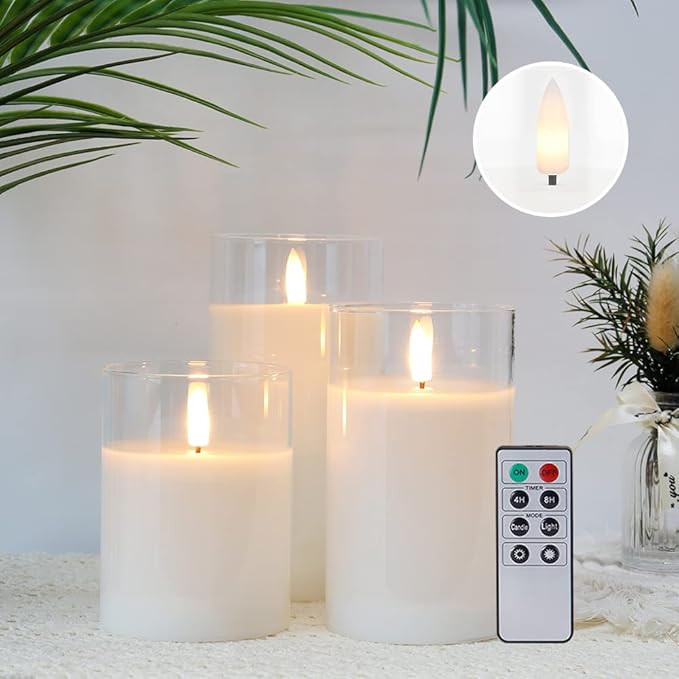 JHY DESIGN Set of 3 Glass Wax Flameless Candles 3D Effect LED Candles White Wax Flickering Batter... | Amazon (US)