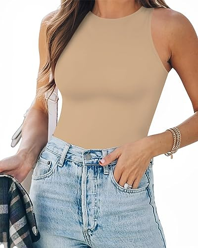 MANGOPOP Tank Top Body Suits Women Sexy Crew Neck Racerback Halter Ribbed Sleeveless Bodysuit for Women | Amazon (US)