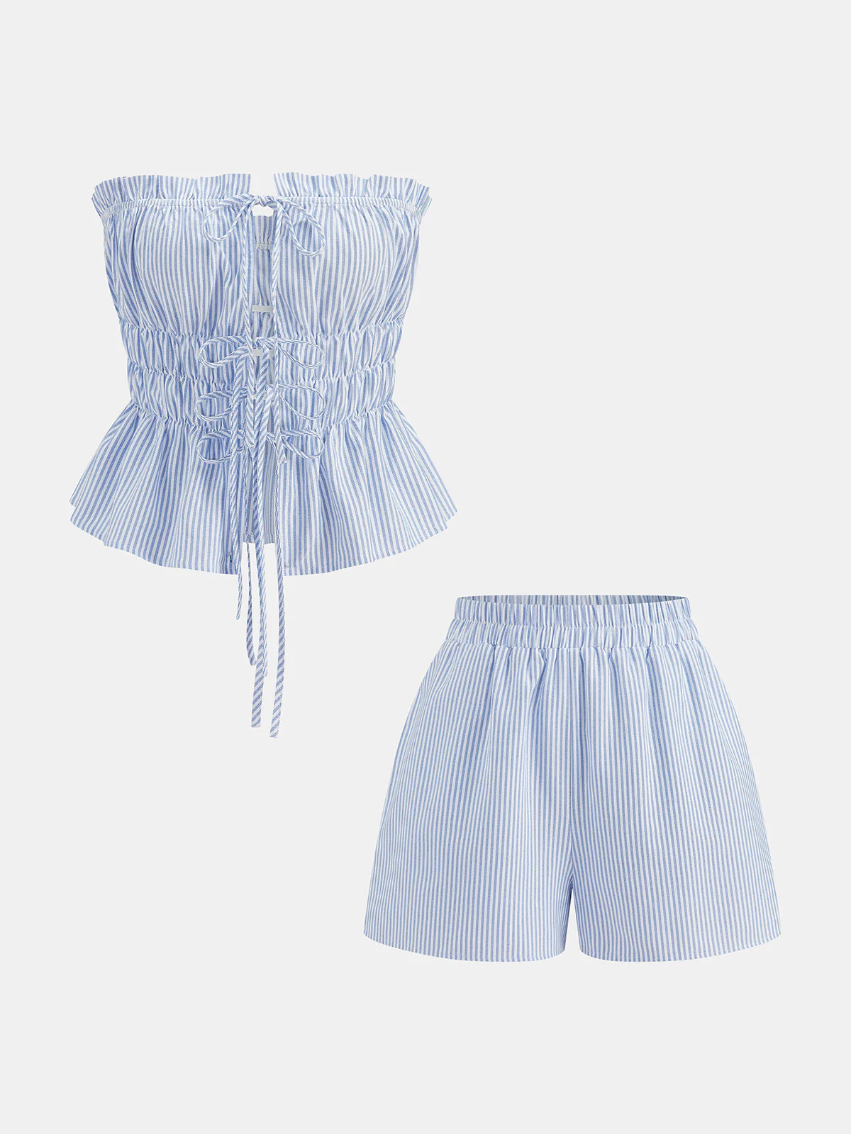 Striped Strapless Lace-Up Top & Shorts Set | Commense