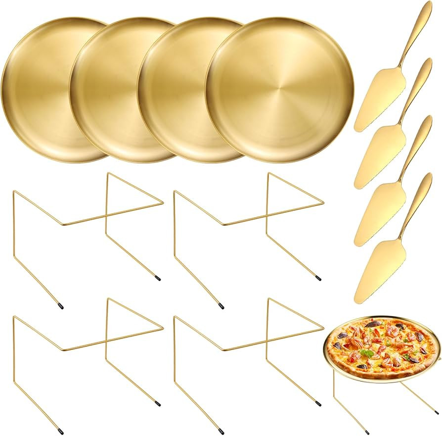 12 Pcs Pizza Pan Riser Stand Set, 4 Metal Pizza Table Stands + 4 Nonstick Pizza Pans + 4 Wooden H... | Amazon (US)