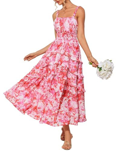 GRACE KARIN Floral Wedding Guest Dress Tiered Boho Long Maxi Beach Wedding Guest Dresses for Formal Party Pink Floral L | Amazon (US)