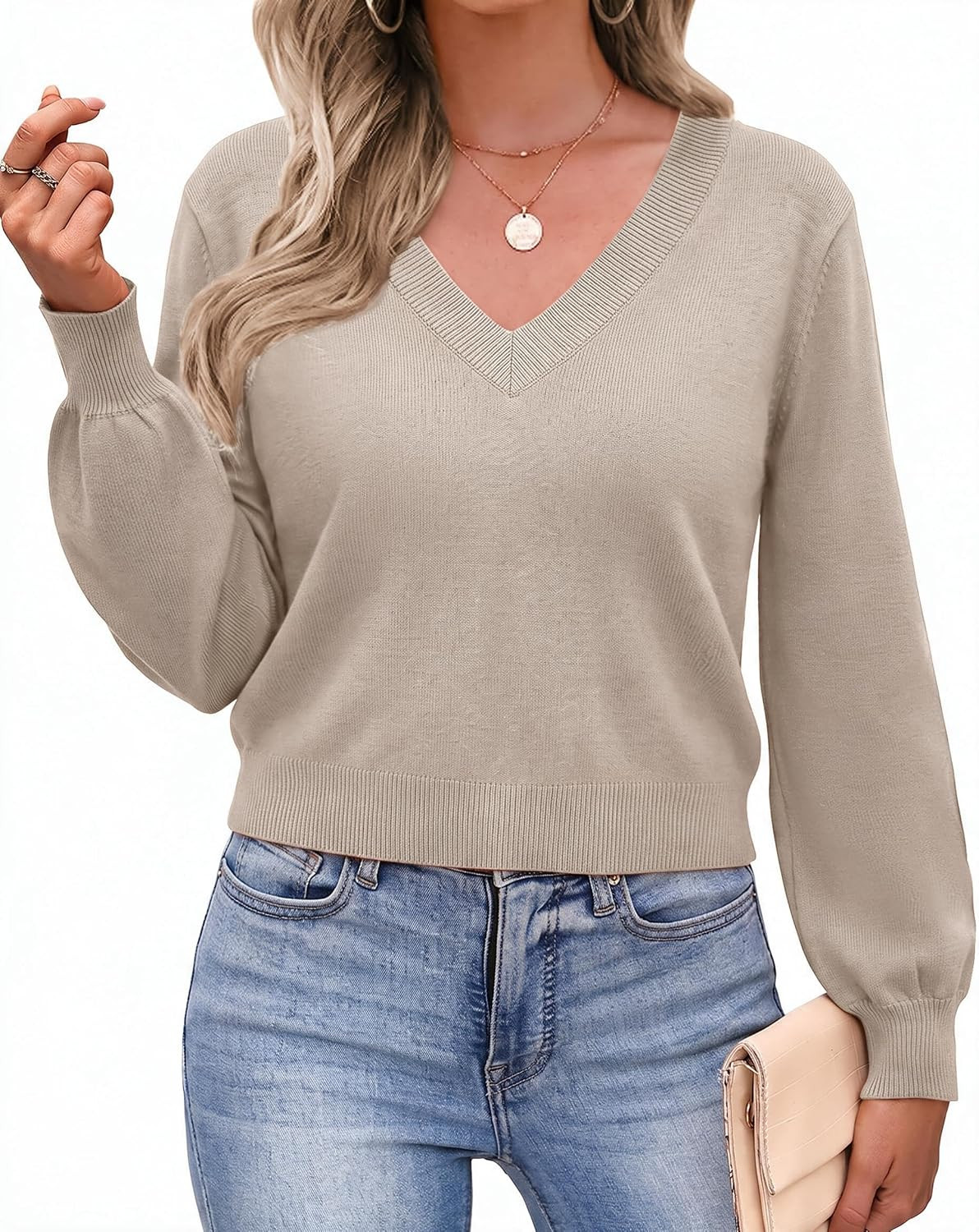 Zeagoo Women V-Neck Cropped Sweater Fall Long Sleeve Knit Pullover Tops | Amazon (US)