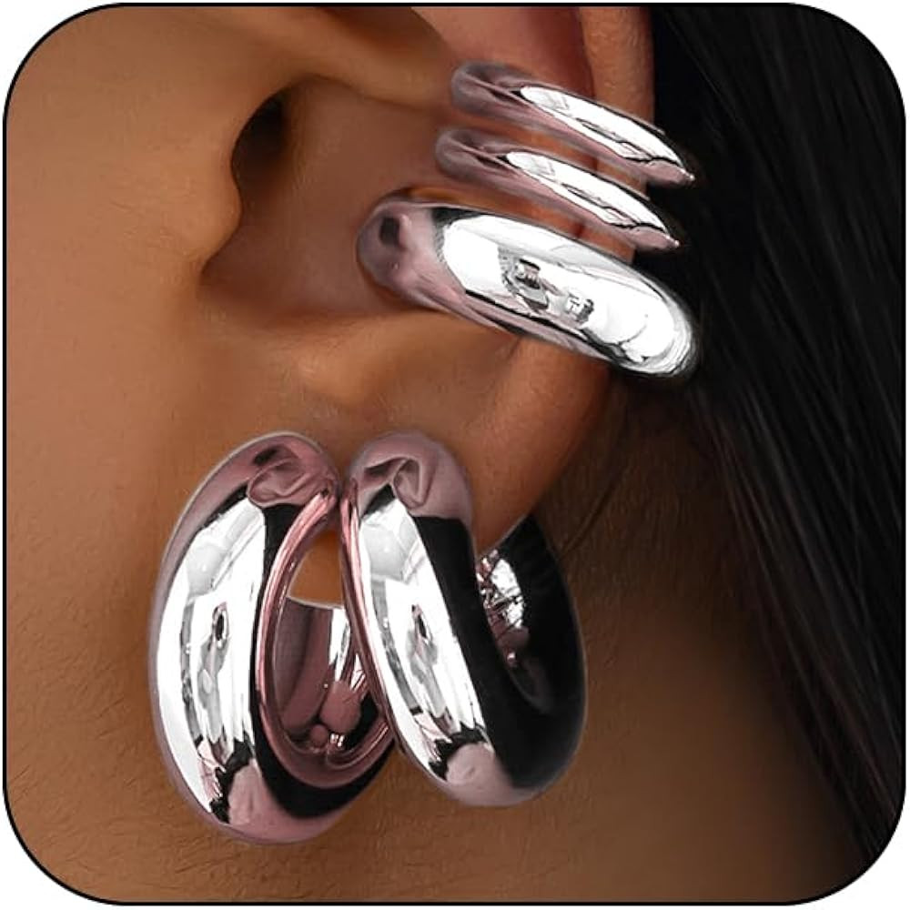 5Pcs Ear Cuff Earrings Statement Gold Round Huggie Hoop, Chunky Big Silver Clip On Non Piercing C... | Amazon (US)