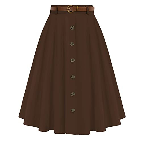 Belle Poque Plus Size A-Line Midi Skirt for Women High Waisted Flared Skirts Below Knee Brown 2XL | Amazon (US)