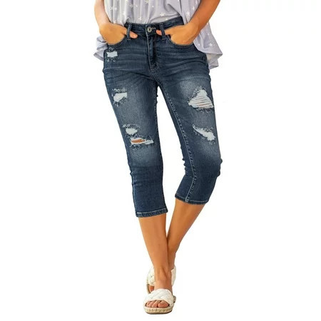 luvamia Capri Pants for Women High Waisted Skinny Ripped Jean Denim Jeans Indigo Dark Blue 2XL Fit Size 20 Size 22 | Walmart (US)