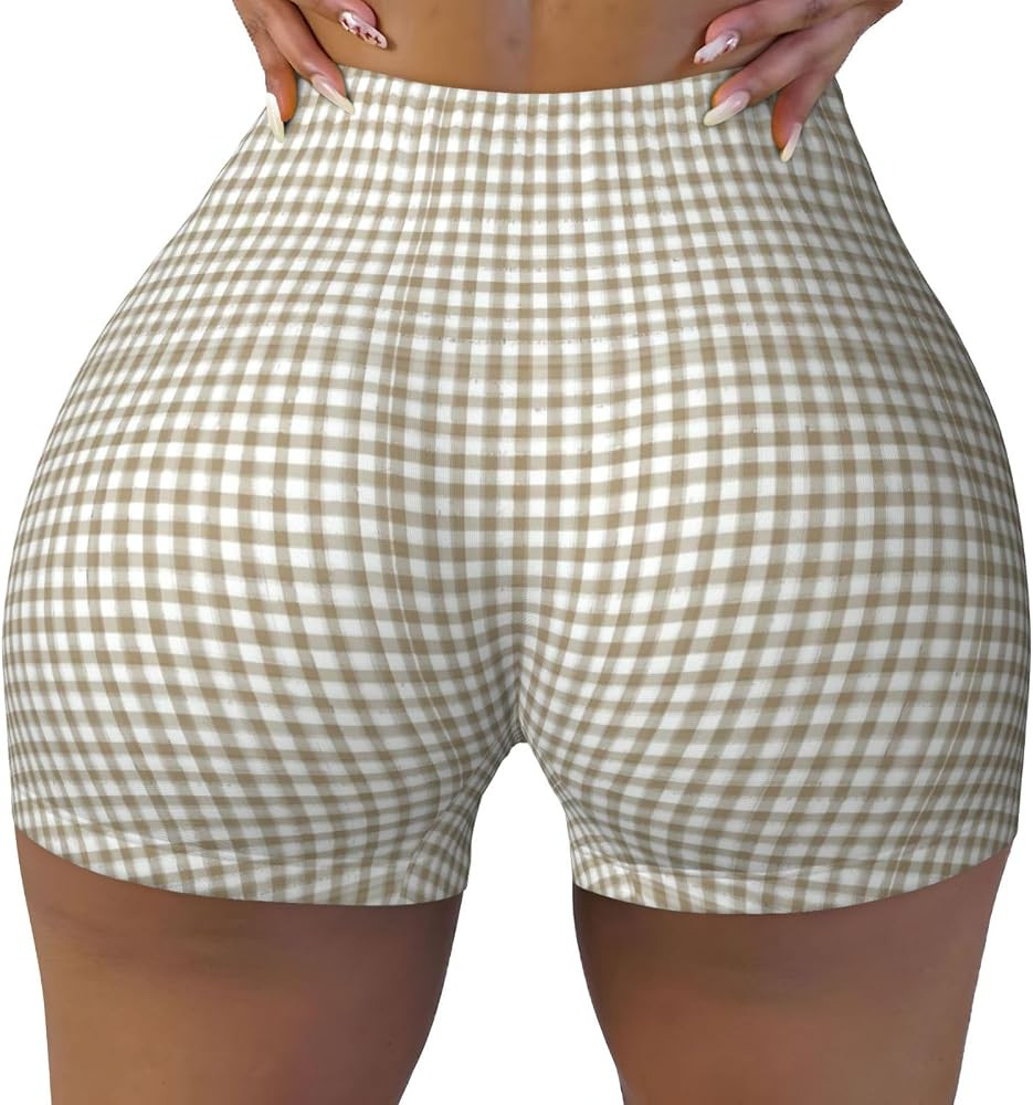 Beige Gingham (1) Print Womens Biker Shorts High Waisted Yoga Shorts for Women Running Gym and Wo... | Amazon (US)