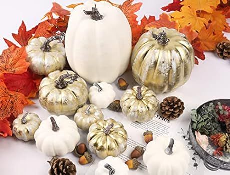 12 Pcs Artificial Pumpkins Decor Bulk Fake White Gold Pumpkins with Acorns Pinecones for Halloween T | Amazon (US)