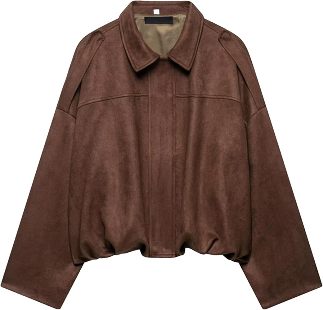 Women's Oversized Faux Suede Bomber Jackets Batwing Sleeves Pleated Zipper Casual Coats Streetwea... | Amazon (US)