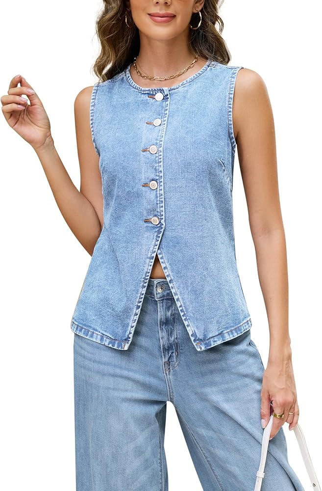 EZAPINE Chaleco de mezclilla con botones para mujer, chaleco largo sin mangas, chaleco de mezclil... | Amazon (US)