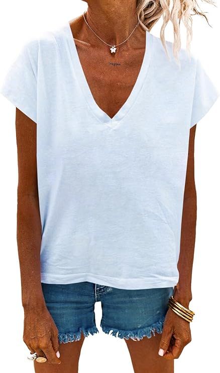 Tankaneo Women V-Neck Short Sleeve Tops Solid Summer Casual Loose Basic T-Shirts Tees | Amazon (US)