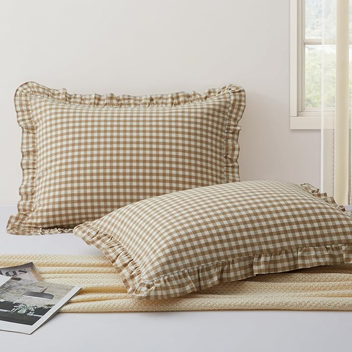 KKJIAF 2 Pcs Plaid Ruffle Pillow Case Standard Size, Ruffled Gingham Cotton Pillowcases 20x26 Inc... | Amazon (US)
