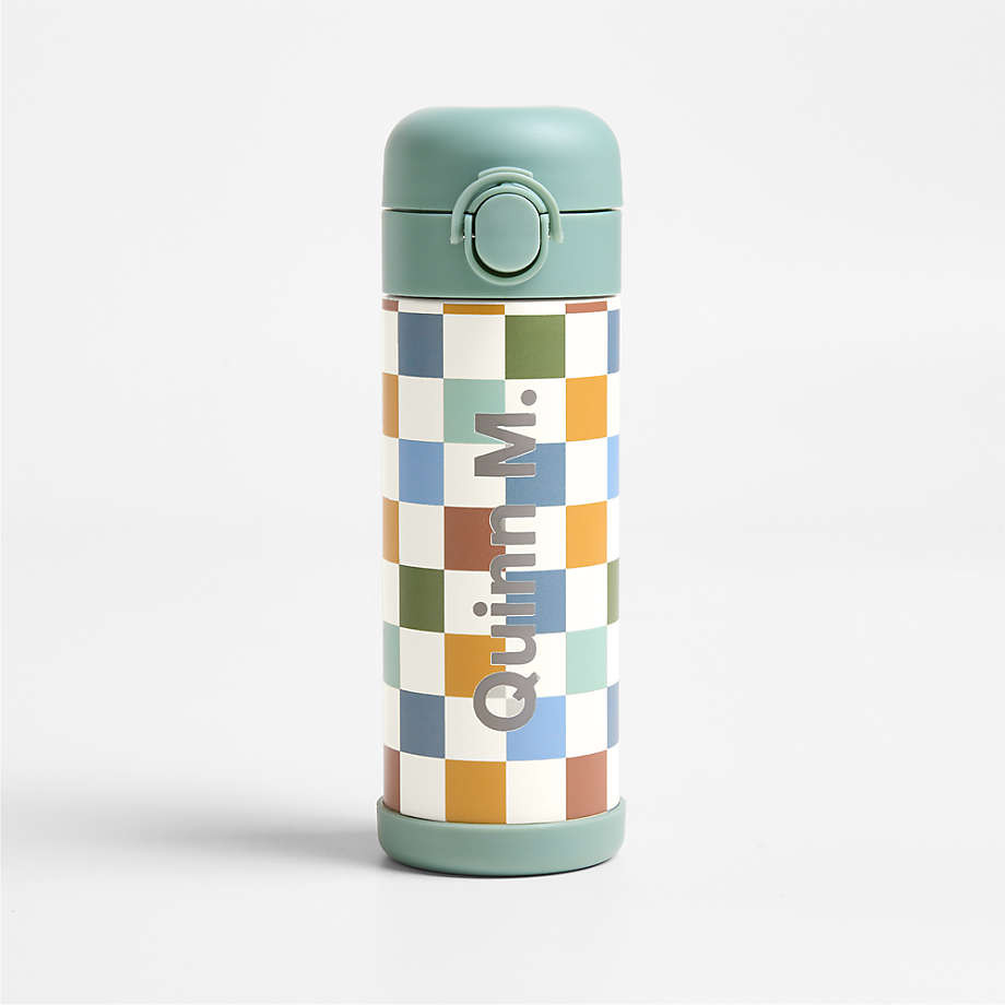 Pink and Blue Checkerboard Insulated Stainless Steel Kids Water Bottle with Straw and Leak-Proof ... | Crate & Barrel