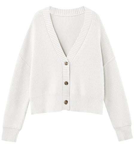 LILLUSORY Women's Cropped Cardigan Oversized Button Sweaters Fall Trendy Knit Dressy Fashion Outfits White L | Amazon (US)