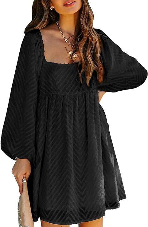 Paitluc Textured Print Midi Dress Puff Sleeve Dress for Women Elegant Square Neckline Dress | Amazon (US)