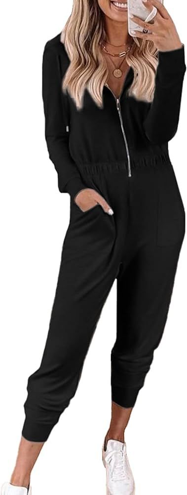 Women's Casual Long Sleeve Hooded Jumpsuits Zip Up One Piece Outfit Romper with Pockets | Amazon (US)