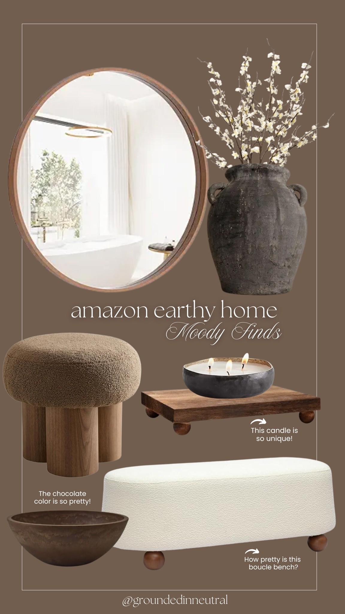 Amazon earthy and moody Home finds. 🤎 Loving these items and tones. How pretty is this ottoman? 

Amazon home, ottoman, organic vase, round mirror, cherry blossom stems, boucle bench

#LTKStyleTip #LTKHome